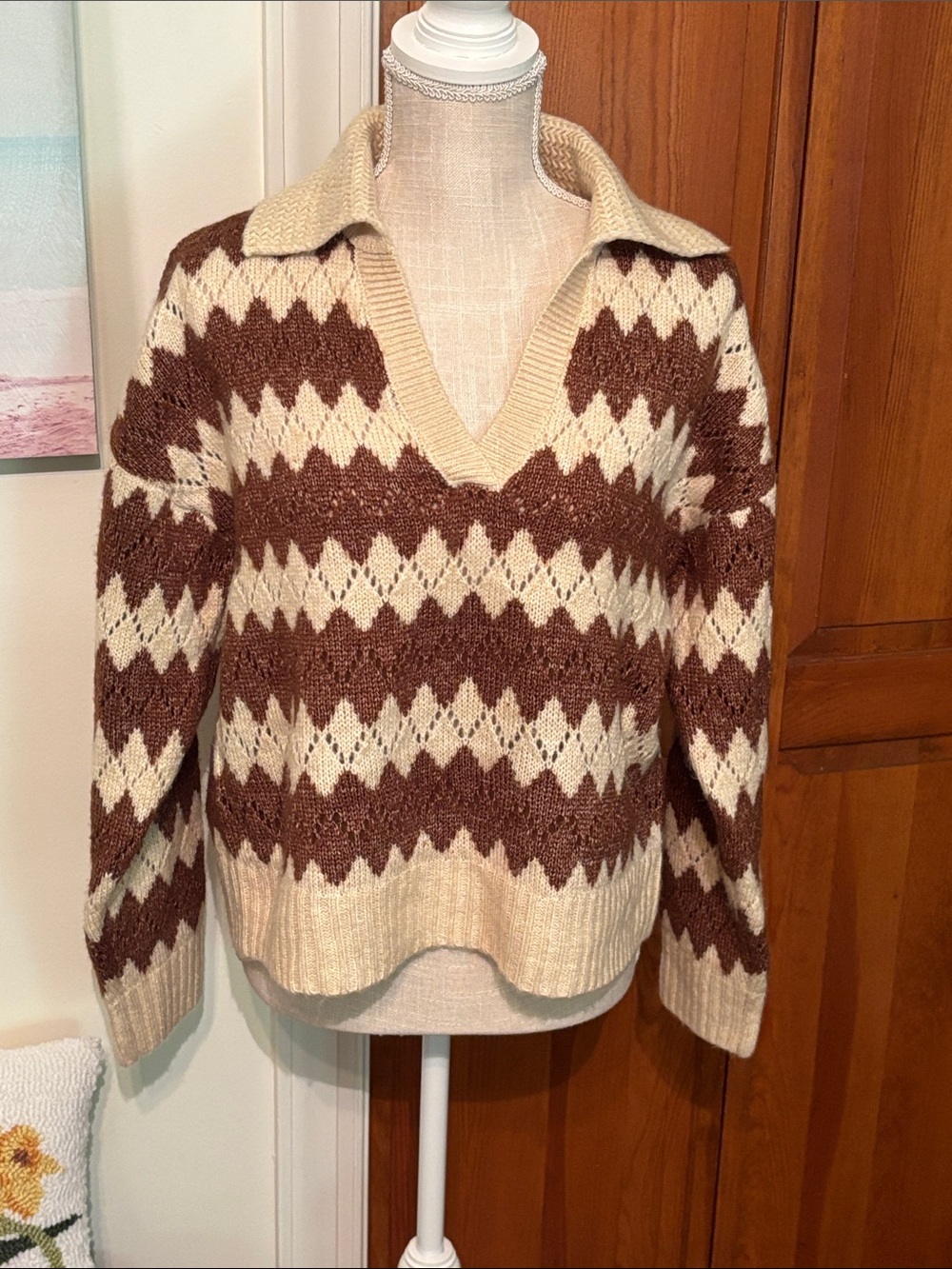ANA Classic Brown & Cream Diamond Knit Sweater with Collar